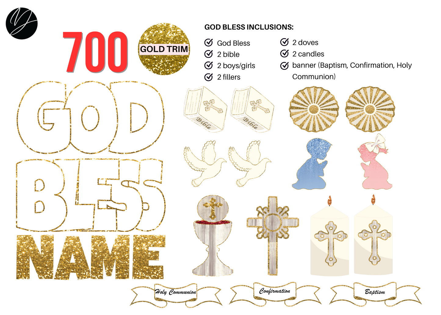 700 God Bless (white letters with gold trim)